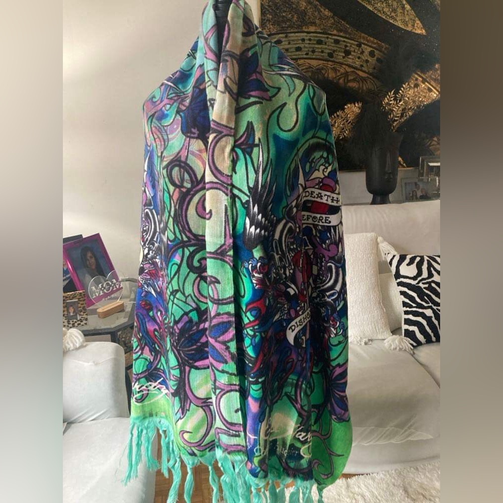 Ed Hardy fringed shawl scarf